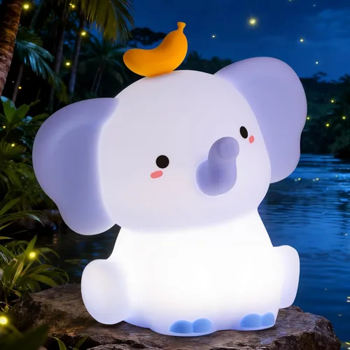 Ammonite Luz nocturna de elefante azul, lámpara de bebé de elefante de silicona suave con 2 niveles de atenuación y temporizador de 20 minutos, luz
