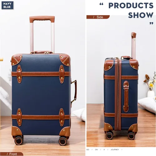 Miniatura 8 de NZBZ Juego de 2 piezas de equipaje vintage, maleta giratoria ligera y rígida con cerradura TSA y 8 ruedas, Azul marino, 14inch & 28inch, Equipaje