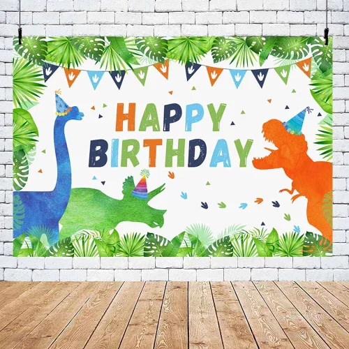 Miniatura 5 de AIBIIN Fondo de cumpleaños de dinosaurios de 7 x 5 pies para niños y niñas, dinosaurios, plantas del bosque, banderas, fondo de fotografía