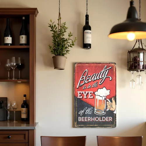 Miniatura 2 de Letrero de metal de lata vintage con texto en inglés "Beauty is in the Eye of the Beerholder", diseño de cerveza