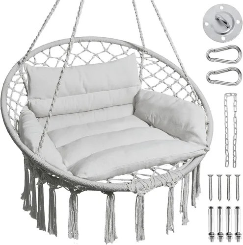 Greenstell Silla tipo hamaca, columpio de macramé con cómodo cojín, silla colgante bohemia para exteriores e interiores, perfecta para dormitorio,