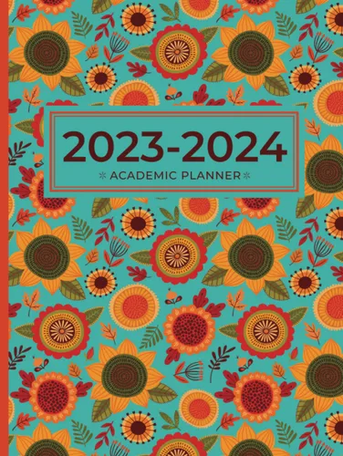 Academic Planner 2023-2024 Large | Funky Sunflower Teal Garden Hardcover: July - June | Weekly & Monthly | US Federal Holidays and Moon Phases