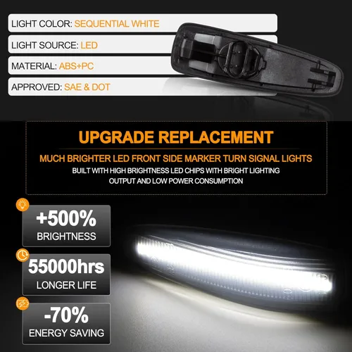 Miniatura 2 de Gempro Luces de Señal de Giro y Marca Lateral Secuencial de LED Blanco para Mitsubishi Lancer EVO X Mirage G4 Outlander Sport Lente Ahumado, 2 Piezas