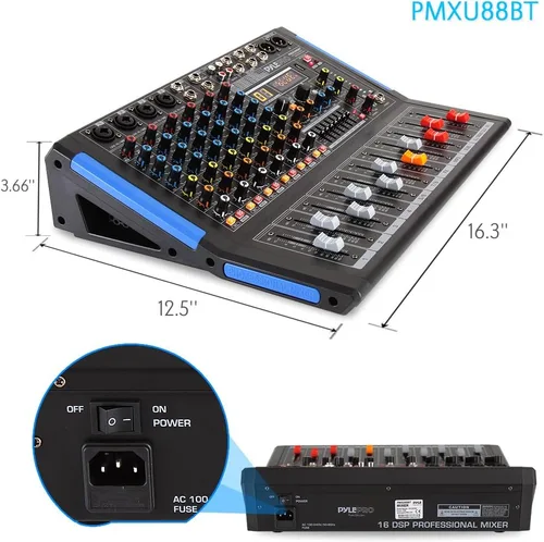 Miniatura 3 de Pyle Mezclador de audio estilo consola de 8 canales con Bluetooth - Controlador de sonido DJ, 4 entradas XLR / combinado, salida sub, +48V Phantom