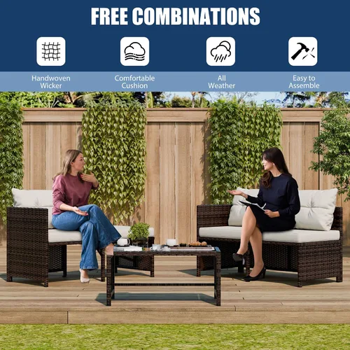 Miniatura 6 de Vongrasig Juego de muebles de patio de 3 piezas, sofá seccional de mimbre PE para todo tipo de clima, juego de conversación pequeño para Beige