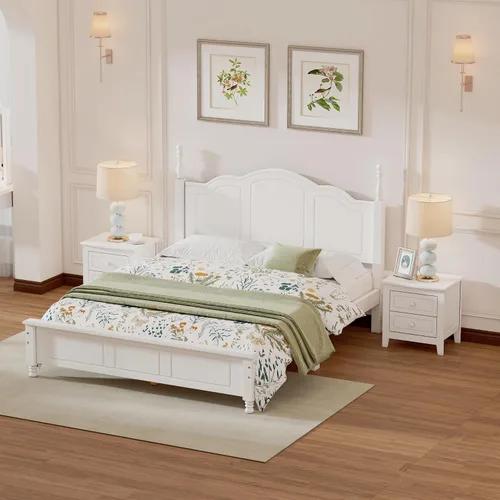 Miniatura 14 de Merax Cama clásica retro de madera maciza con cabecero, marco de cama matrimonial, no necesita somier, fácil de montar, color blanco