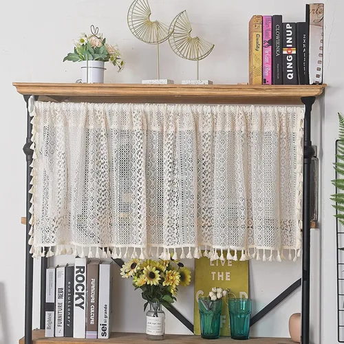 Sutuo Home Cortinas bohemias semitraslúcidas cortas con cenefa para cocina, encaje de croché, de punto calado con borlas, rústicas vintage de
