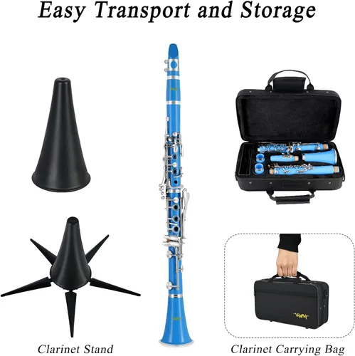 Miniatura 6 de Clarinete BB para estudiantes principiantes Clarinete plano B Clarinete de 17 teclas con correa de soporte de estuche, 2 barriles, 8 boquillas, Azul