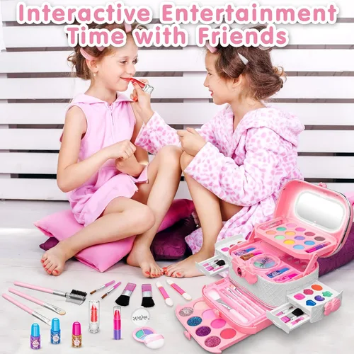 Miniatura 7 de 58Pcs Kit de maquillaje para niños para niña - Juego de cosméticos lavables reales con espejo iluminado - Juegos de maquillaje para niñas