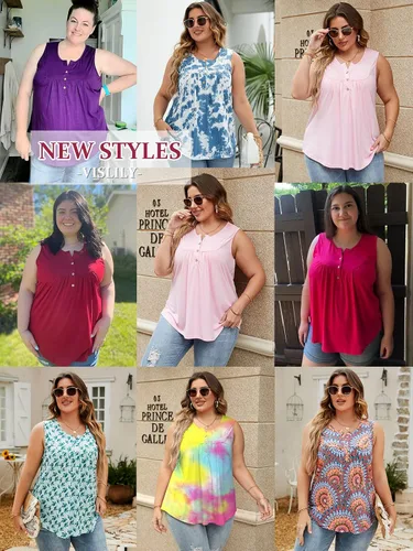 Miniatura 4 de VISLILY Camisetas sin mangas para mujer, de talla grande, estilo Henley, con botones, plisadas, holgadas