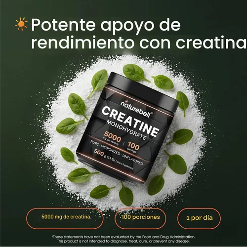 Miniatura 2 de NatureBell Polvo de Monohidrato de Creatina Instantáneo 500 Gramos, 5000mg Por Porción, Polvo de Creatina Micronizado Sin Sabor - Pre Entrenamiento