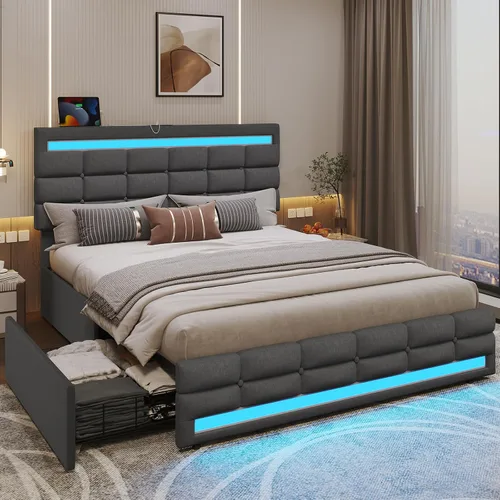 Miniatura 11 de ADORNEVE Base de cama de tamaño matrimonial con cajones de almacenamiento, cabecera con luces LED, plataforma de cuero tapizada con 2 puertos USB