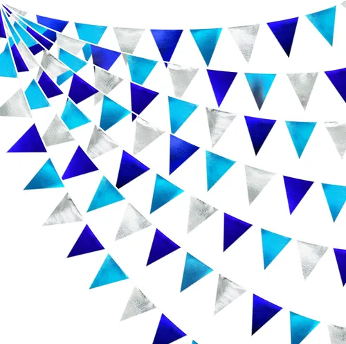 Miniatura 42 de Decoración de fiesta iridiscente de 33 pies, tela holográfica, banderín triangular, banderín de algodón, guirnalda de banderines para cumpleaños