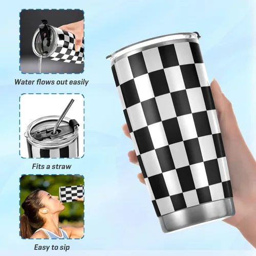 Miniatura 6 de CaTaKu Vaso de carreras con bandera a cuadros de 20 onzas con tapa y pajita, acero inoxidable a cuadros en blanco y negro, aislado al vacío, taza