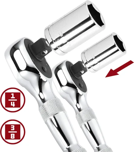 Miniatura 2 de Powerbuilt Juego de 2 piezas de trinquete corto de 1/4 pulgadas y 3/8 pulgadas, liberación rápida reversible de 72 dientes, espacios reducidos