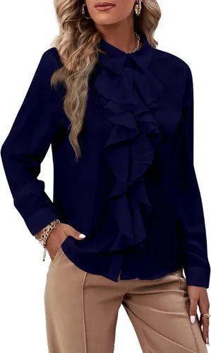 Miniatura 19 de LYANER - Blusa de manga larga con cuello de botón y volantes en la parte delantera para mujer