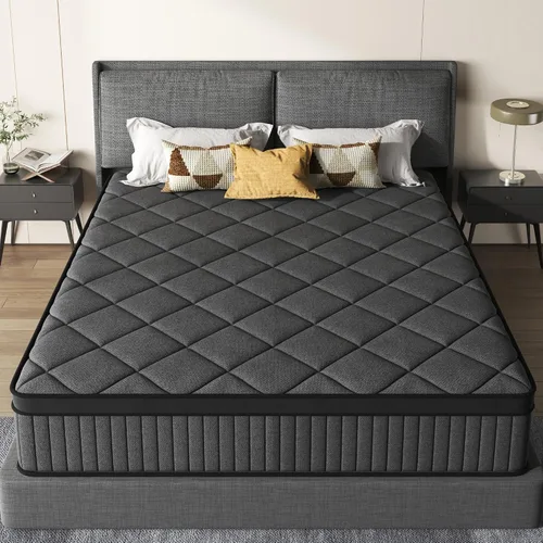 Miniatura 11 de Colchón negro matrimonial, colchón híbrido de 10 pulgadas tamaño matrimonial, firmeza media con espuma viscoelástica y resortes en bolsillo, funda