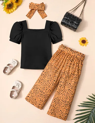 Miniatura 22 de DONWEN Conjunto de 3 piezas de ropa para niñas pequeñas y niñas con cuello cuadrado + pantalones elegantes + diadema para primavera y verano