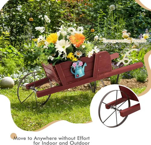 Miniatura 3 de HAPPYGRILL Planta de carro de carretilla, maceta pequeña de madera de pino maciza con soporte de metal triangular, 2 asas de ahorro de energía