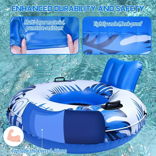 Miniatura 7 de Flotador inflable de tubo de río, flotador de piscina para adultos, tubos de río para flotar resistente con parte inferior de malla, respaldo cómodo