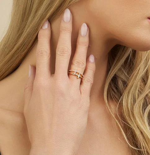 Miniatura 2 de Barzel Anillo de doble cruz chapado en oro de 18 quilates
