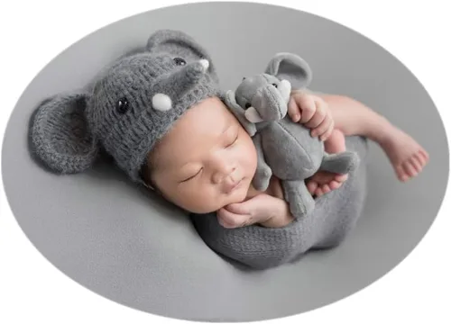 Accesorios de fotografía para recién nacidos para niños y niñas, gorro de elefante mohair, gorro de punto de ganchillo
