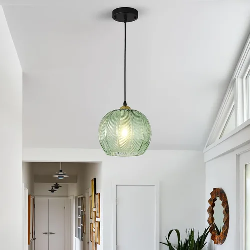 Miniatura 6 de Lámpara Colgante de Cristal Verde, Iluminación Colgante de Globo Grande Individual de 9.8 Pulgadas Nórdica Acanalada para Techo Colgante, Lámpara