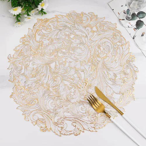 Juego de 6 manteles individuales redondos dorados, manteles individuales de vinilo prensado floral lavable para mesa de comedor, boda, decoración de