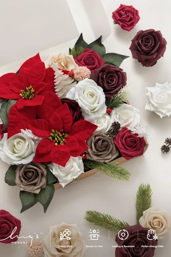 Miniatura 4 de Ling's Moment Caja de flores falsas, tallos de vegetación artificiales artificiales, rosas de espuma, hojas de seda, flor fábica para centro
