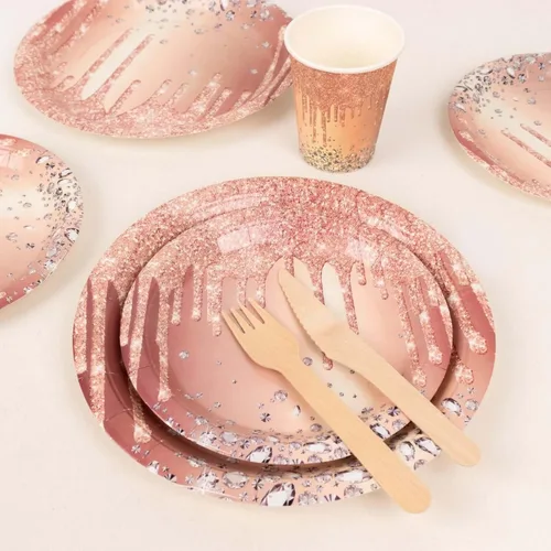 Miniatura 4 de Efavormart - Juego de vajilla de papel de goteo de 72 piezas, color oro rosa, platos desechables para cena y postre con tazas a juego para dulces 16