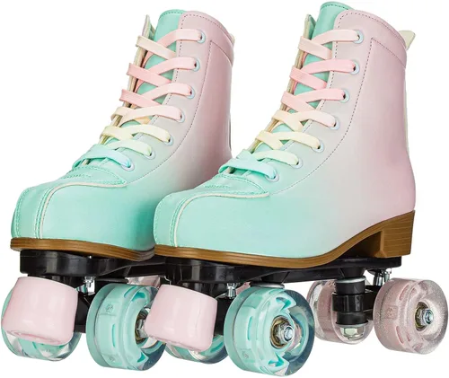 Miniatura 8 de YYW Patines de ruedas para niñas y mujeres, fantásticos patines de PU con gradiente rosa y verde iluminados para niños y jóvenes, para interiores