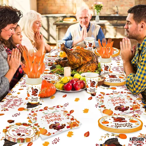 Miniatura 9 de KatchOn Paquete de fiesta de Acción de Gracias, 176 piezas para 25 invitados, mantel, platos, servilletas, tazas y cubiertos para decoración de mesa
