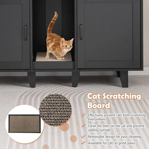 Miniatura 8 de PETSITE Caja de arena para 2 cajas de arena, mesa auxiliar oculta para baño de gatos con 2 gabinetes, tabla de rascar, muebles de arena para gatos