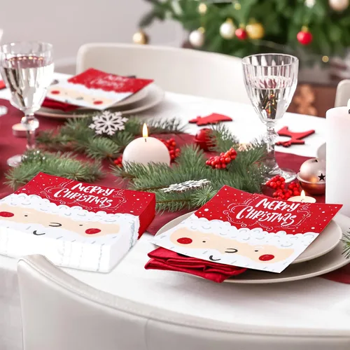 Miniatura 7 de Whaline Paquete de 100 servilletas de papel con diseño de Papá Noel, servilletas desechables rojas y blancas para el almuerzo, servilletas
