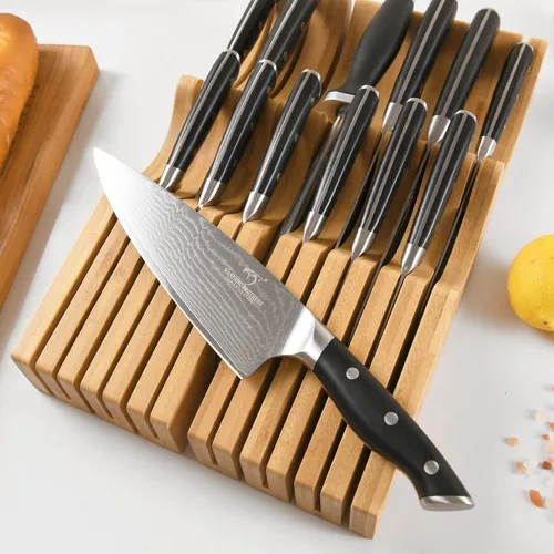 Miniatura 5 de Bloque de cuchillos en el cajón con 12 cuchillos japoneses de Damasco y afilador, organizador de cajones de cuchillos de bambú con 67 capas de acero