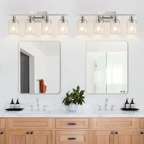 Miniatura 7 de Indoi Lámparas de baño de 4 luces, luces de tocador de níquel cepillado con pantallas de vidrio transparente, moderna lámpara de pared de baño