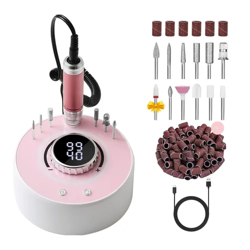 Taladro eléctrico de uñas con motor sin escobillas, lima de uñas profesional inalámbrica de 40000 RPM para eliminación de acrílico y gel, kit de Rosa