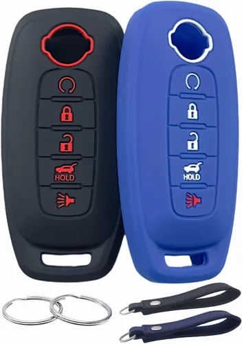REPROTECTING Funda de goma de silicona para llavero compatible con Nissan Pathfinder Rogue (5 botones, negro y azul)