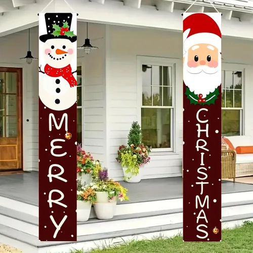 Miniatura 7 de BlissYard Pancartas de Porche Feliz Navidad de 12x71 Pulgadas Decoraciones de Puerta de Papá Noel y Muñeco de Nieve Fondo Rojo Pancarta Colgante