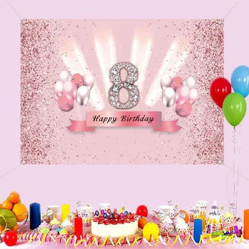 Miniatura 5 de Decoraciones de feliz cumpleaños número 8 para niñas, pancarta de fondo, decoración de fiesta, cartel de tela, fondo de foto rosa para suministros