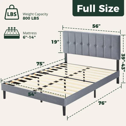 Miniatura 2 de Base de cama matrimonial con cabecera de tela tapizada, fácil montaje, soporte de listones de madera, cabecera ajustable, no necesita somier, sin