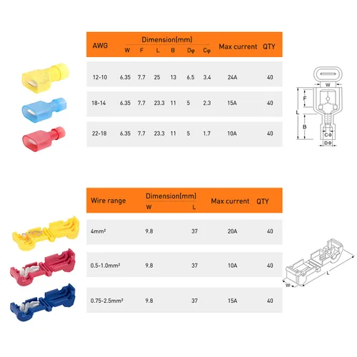 Miniatura 3 de Nilight - 50004R 120 piezas/60 pares de terminales de cable de empalme rápido T-Tap autopelado con nailon totalmente aislado macho, kit
