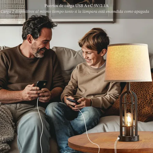 Miniatura 3 de SRJJA Juego de 2 lámparas de mesa negras para sala de estar, lámparas de granja para mesitas de noche con USB A+C, lámparas de noche