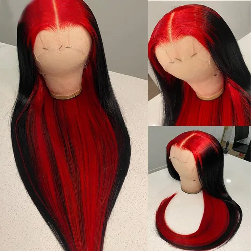 JYZ Peluca de encaje frontal rojo degradado, densidad del 150%, lacio de 13 x 4, cabello brasileño, prearrancado, encaje marrón medio, 18 pulgadas