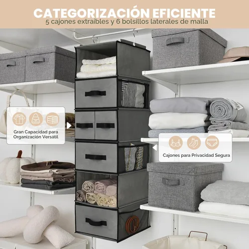 Miniatura 5 de GRANNY SAYS Organizador colgante de armario con 6 estantes, organizadores de armario y almacenamiento con 5 cajones, 6 bolsillos laterales, 6