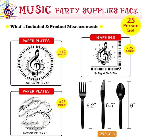 Miniatura 2 de Notas musicales para fiesta, 150 piezas, juego de vajilla para fiesta musical, incluye platos de notas musicales de 9 y 7 pulgadas, platos y Set