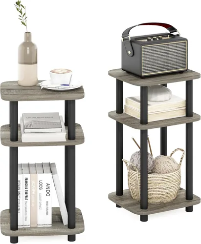 Miniatura 13 de Furinno JUST - Mesita lateral de 3 niveles con tubo giratorio N, estante abierto, mesita de noche con esquina curva redonda, mesita de cama, fácil