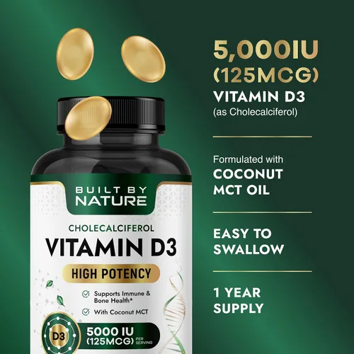 Miniatura 3 de Built by Nature Suplemento de vitamina D3 de 5000 UI, 360 mini cápsulas blandas Con aceite de coco MCT, alta absorción, fácil de tragar