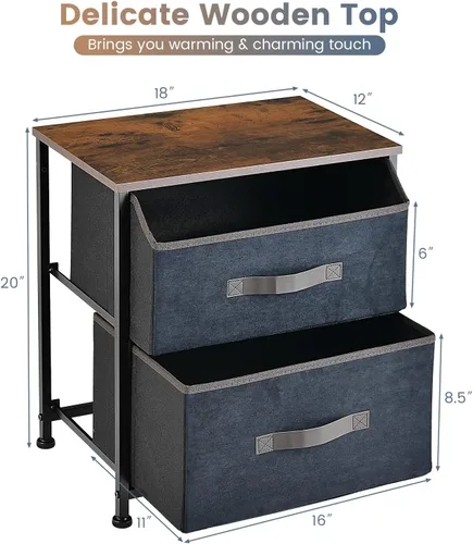 Miniatura 3 de Giantex Mesita de noche con 2 cajones, mesa auxiliar pequeña con contenedores de tela extraíbles y parte superior de madera, marco de metal