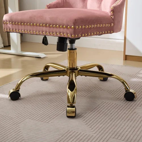 Miniatura 9 de Silla de oficina en casa de terciopelo con base de metal dorado y ribete de cabeza de clavo, moderna silla de trabajo tapizada giratoria tapizada